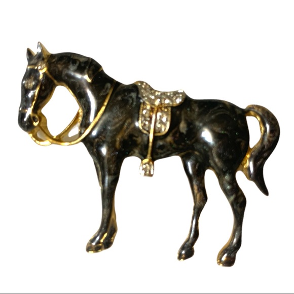 Vintage Jewelry - Vintage D’Orlan Horse Black Rhinestone Brooch Pin Marked Signed